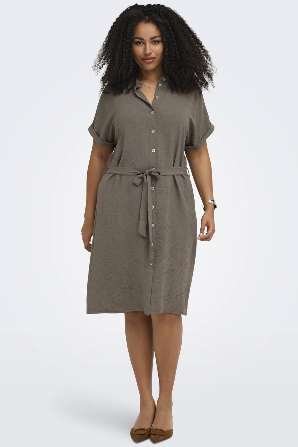 Bruine dames ONLY CARMAKOMA blousejurk van polyester met effen, korte mouwen, klassieke kraag, knoopsluiting en ceintuur