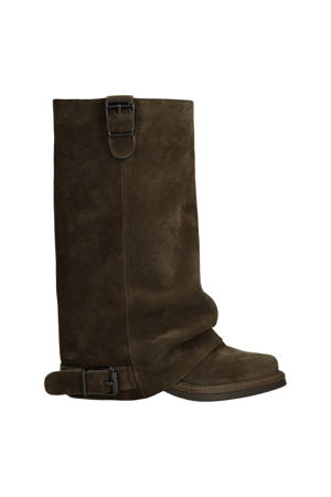 suède bikerboots met flap donkerbruin