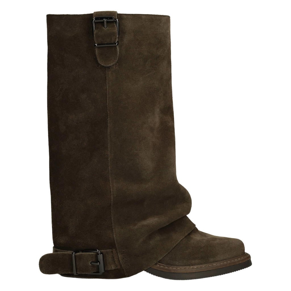 Sacha suède bikerboots met flap donkerbruin
