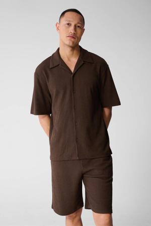 relaxed casual overhemd donkerbruin rib gebreid