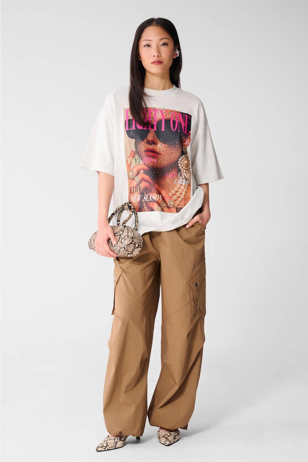 Bruine dames Shoeby cargo balloon fit broek van polyamide met barrel, high waist en effen