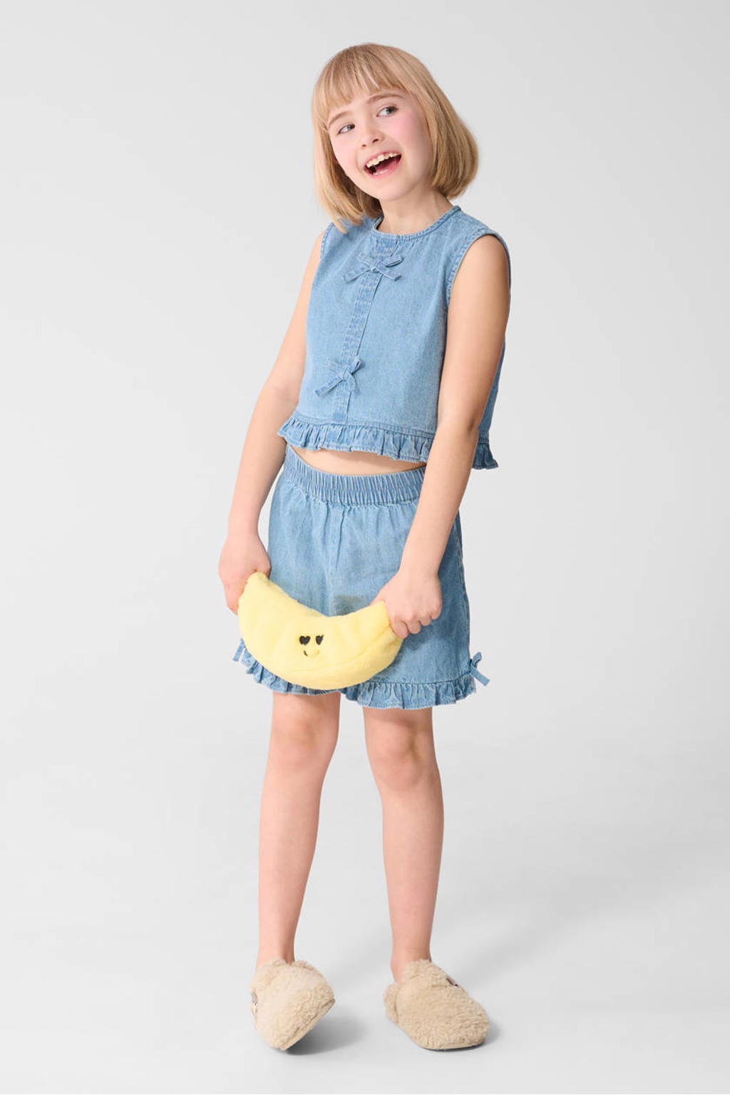 Light blue denim meisjes Shoeby regular high waist short van katoen met elastische tailleband en effen