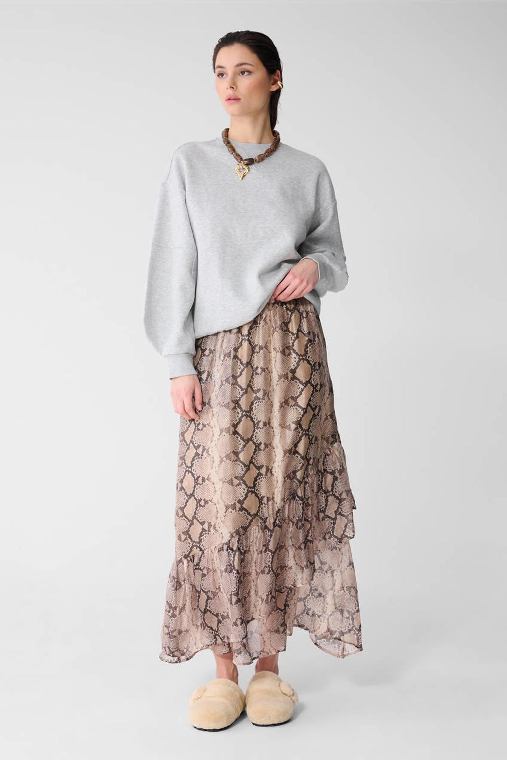 Lichtbruine dames Shoeby midi rok strokenrok met dierenprint voorzien van