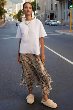 midi rok strokenrok met dierenprint lichtbruin