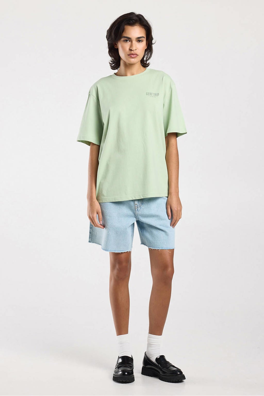 Mintgroene dames America Today T-shirt van katoen met backprint, korte mouwen en ronde hals