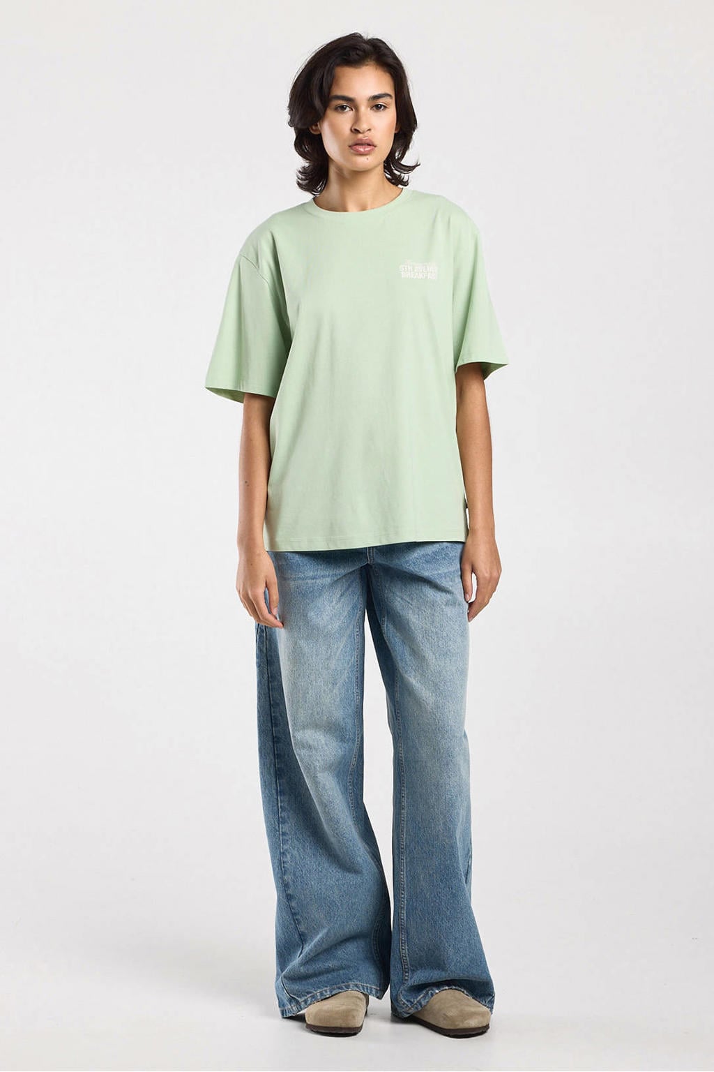 Lichtgroene dames America Today T-shirt van katoen met backprint, korte mouwen en ronde hals