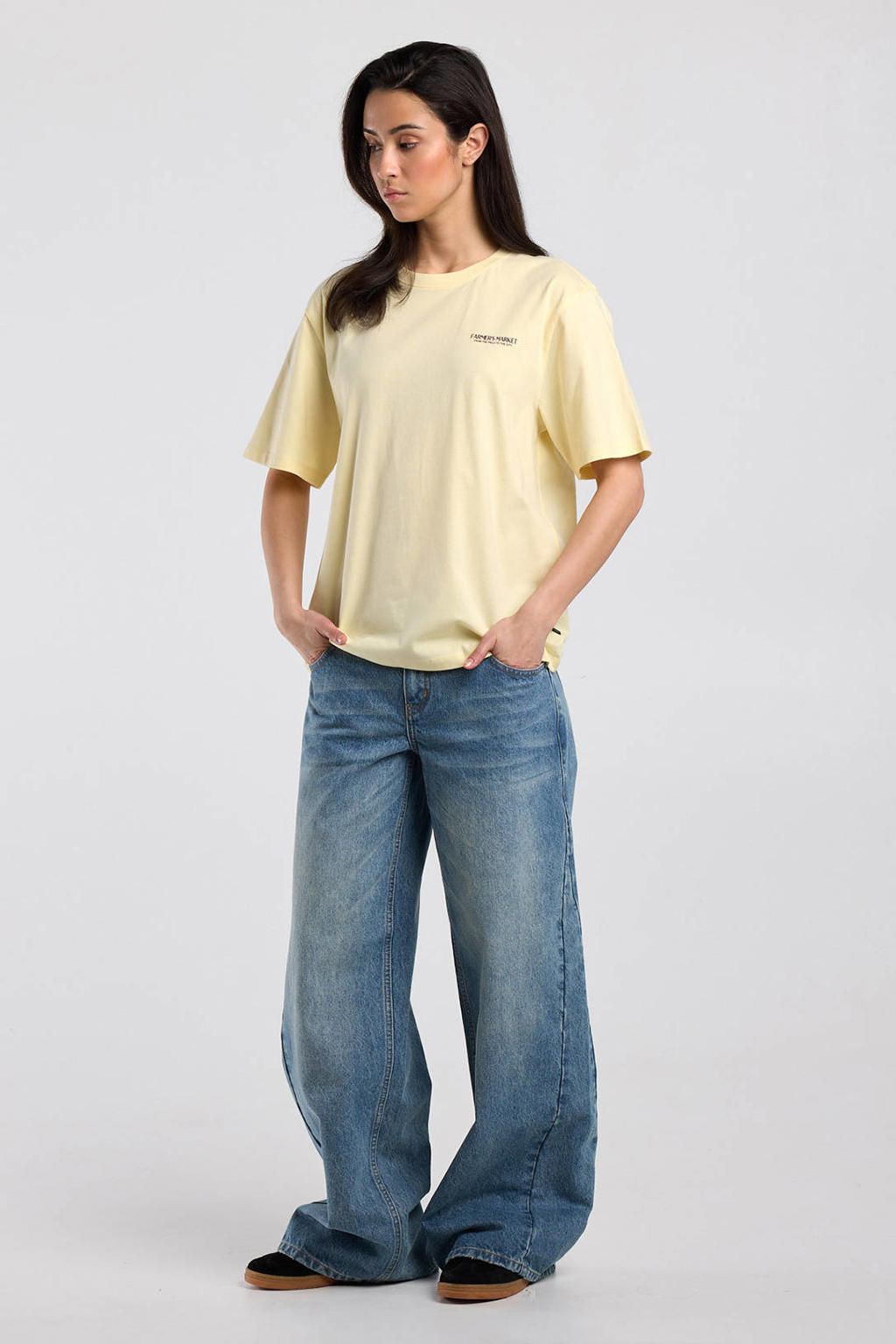Lichtgeel en bruine dames America Today T-shirt van katoen met backprint, korte mouwen en ronde hals