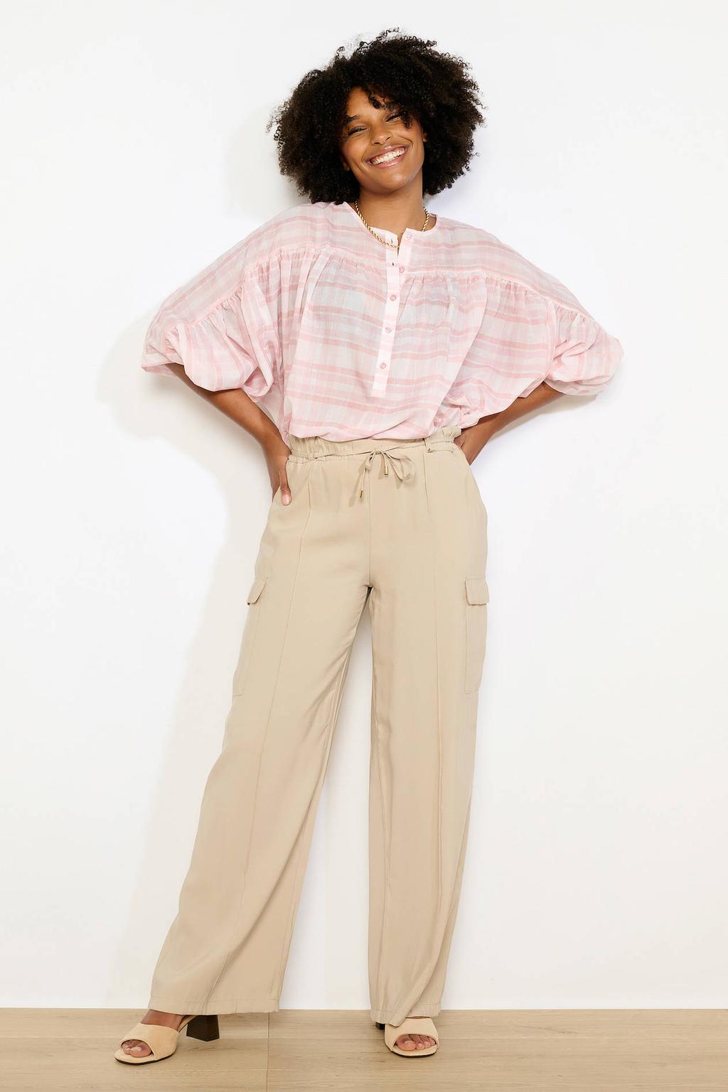 Lichtroze dames LOLALIZA geruit blousetop van polyester met driekwart mouwen, mao kraag en plooien