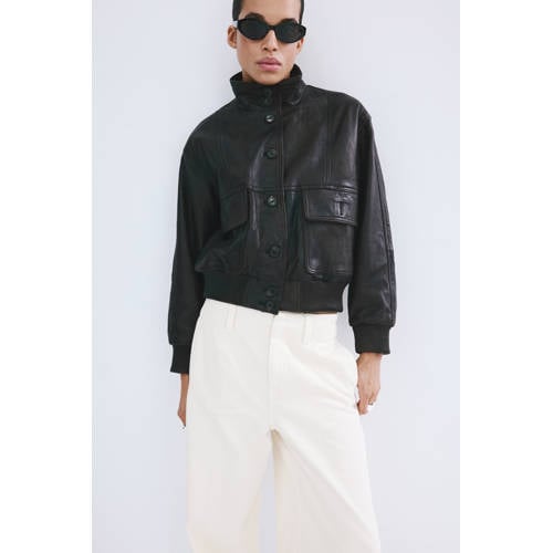 Mango wide leg regular waist broek ecru afbeelding