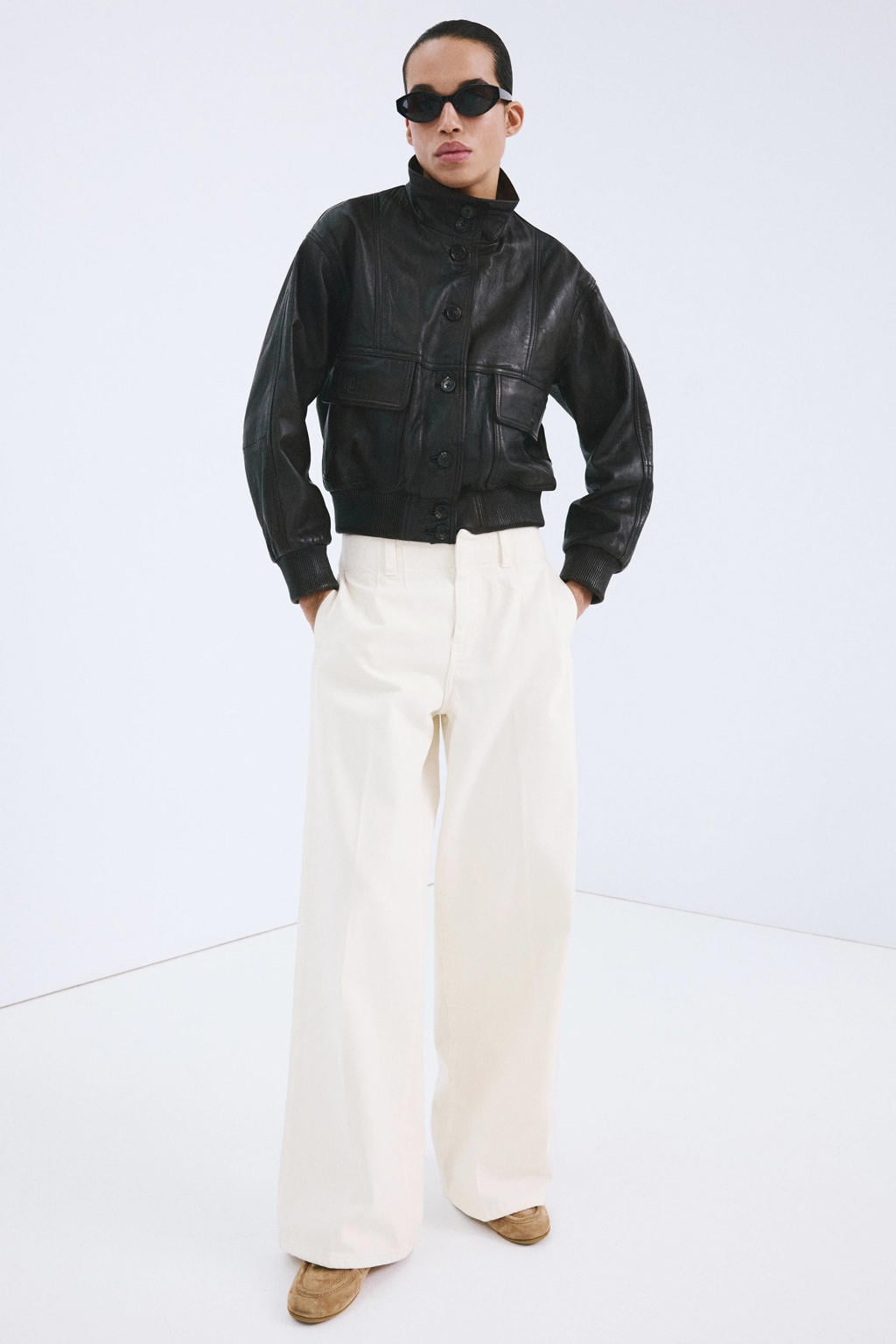 Ecru dames Mango wide leg regular waist jeans van denim met rits- en knoopsluiting en effen