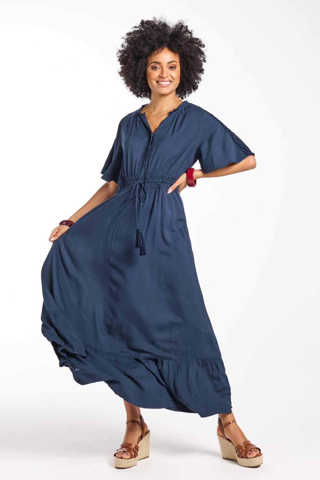 Blauwe dames Didi maxi jurk van rayon met effen, korte mouwen, V-hals en knoopsluiting