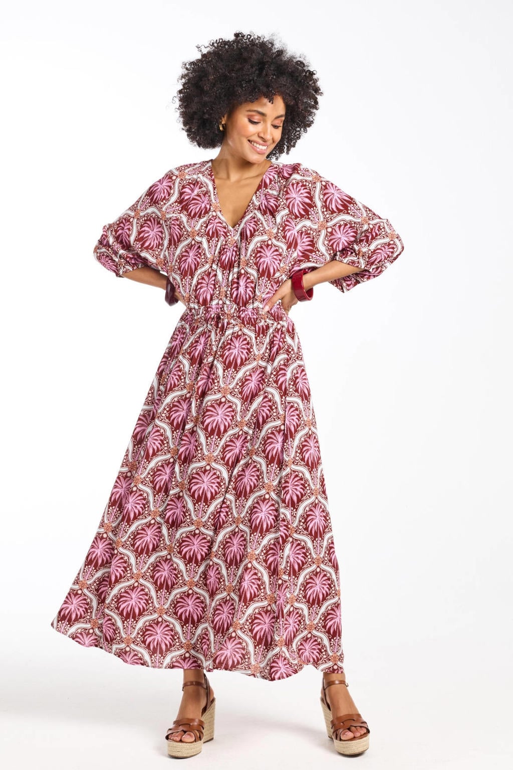 Roze dames Didi maxi jurk van viscose met half lange mouwen en V-hals