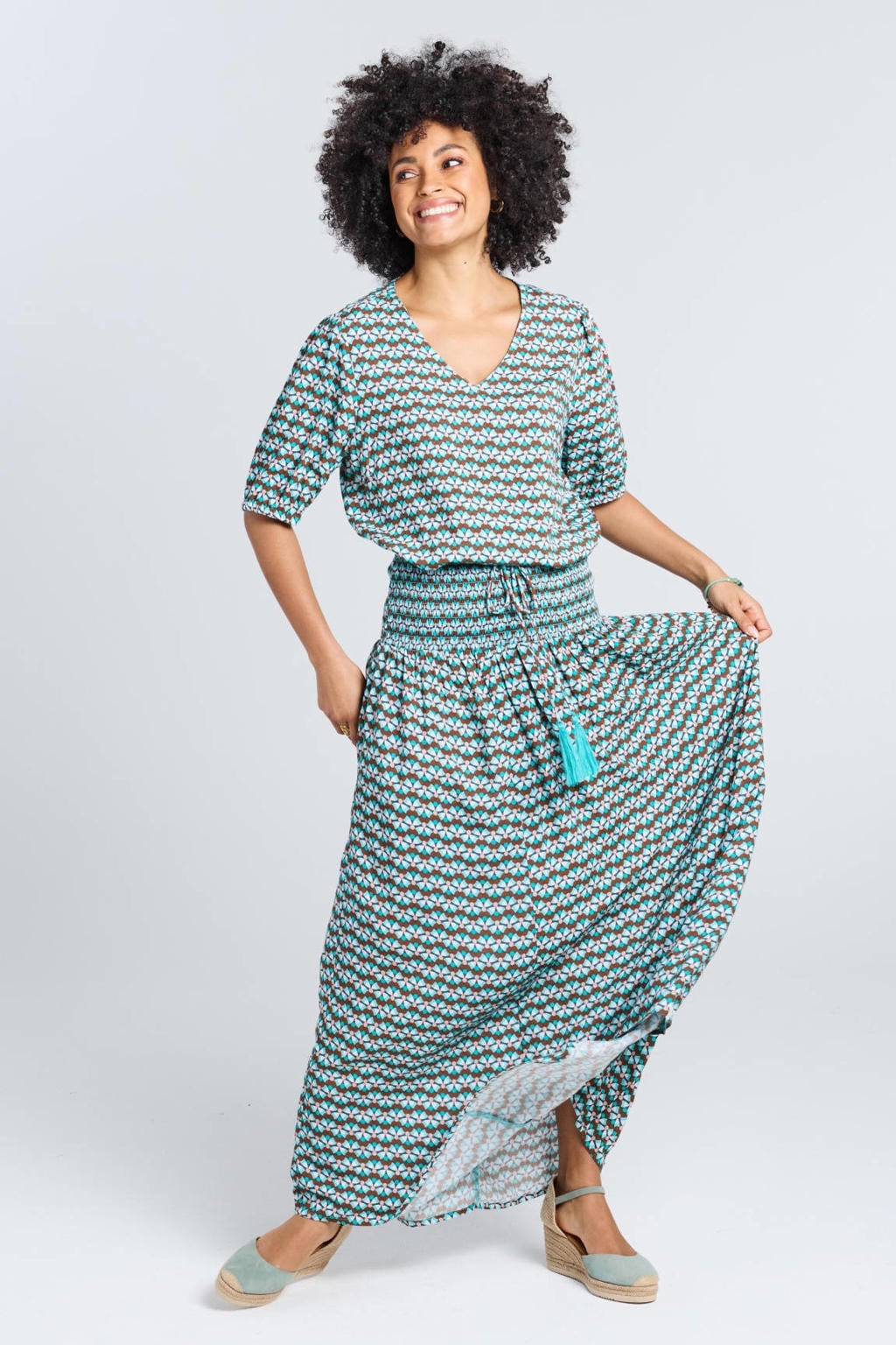 Blauwe dames Didi maxi rok gemaakt van rayon en met elastische tailleband met koord