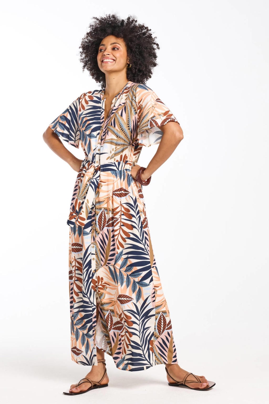 Blauwe dames Didi maxi jurk van viscose met bladprint, korte mouwen, V-hals en elastische tailleband met koord