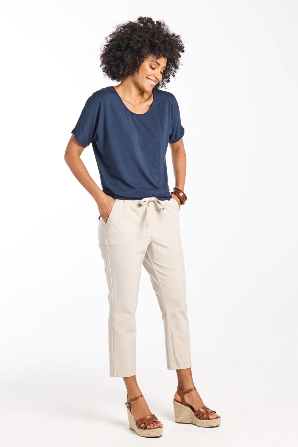 Donkerblauwe dames Didi T-shirt van viscose met effen, korte mouwen en ronde hals