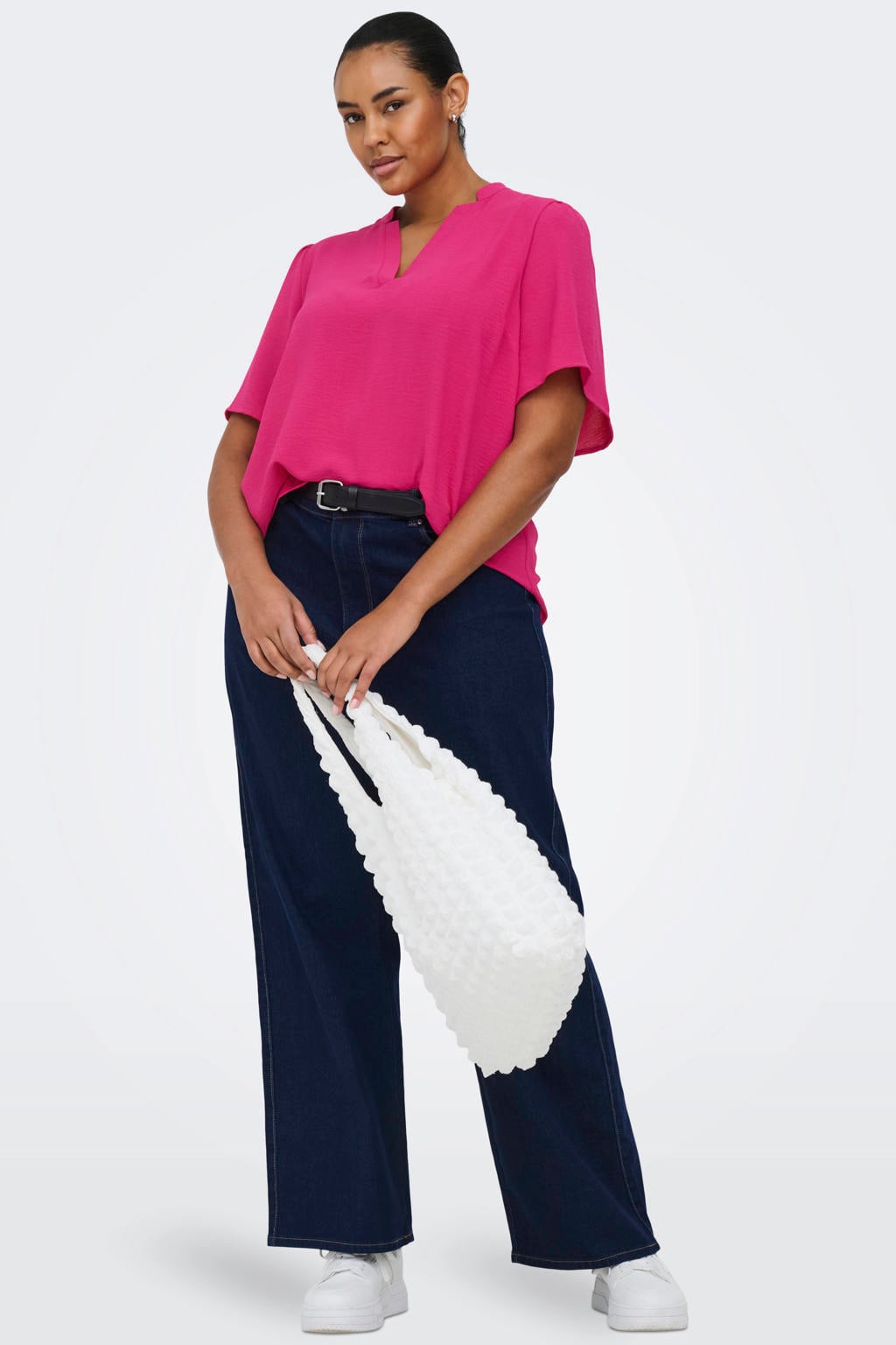 Roze dames ONLY CARMAKOMA top van polyester met effen, korte mouwen, V-hals en geweven detail