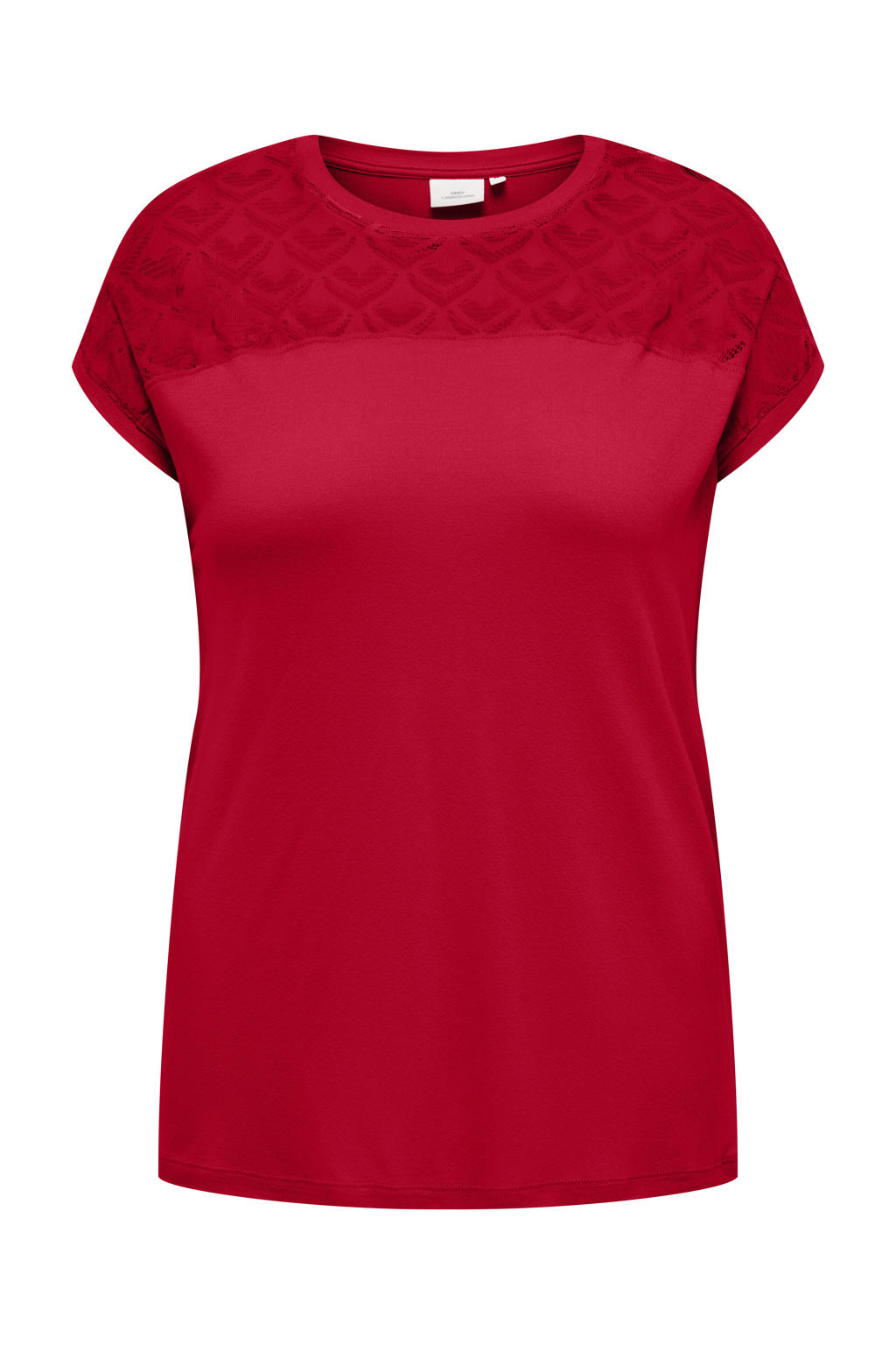 Rode dames ONLY CARMAKOMA top van viscose met effen, korte mouwen, ronde hals en kant