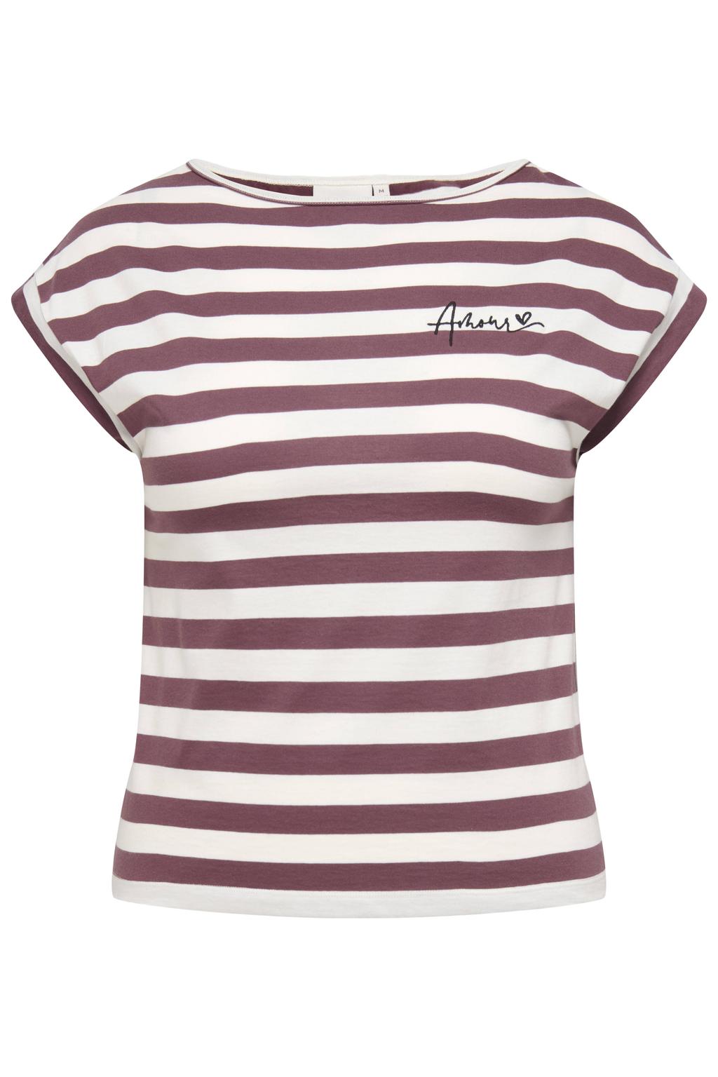 Donkerrode dames ONLY CARMAKOMA gestreepte top met korte mouwen, ronde hals en borduursels