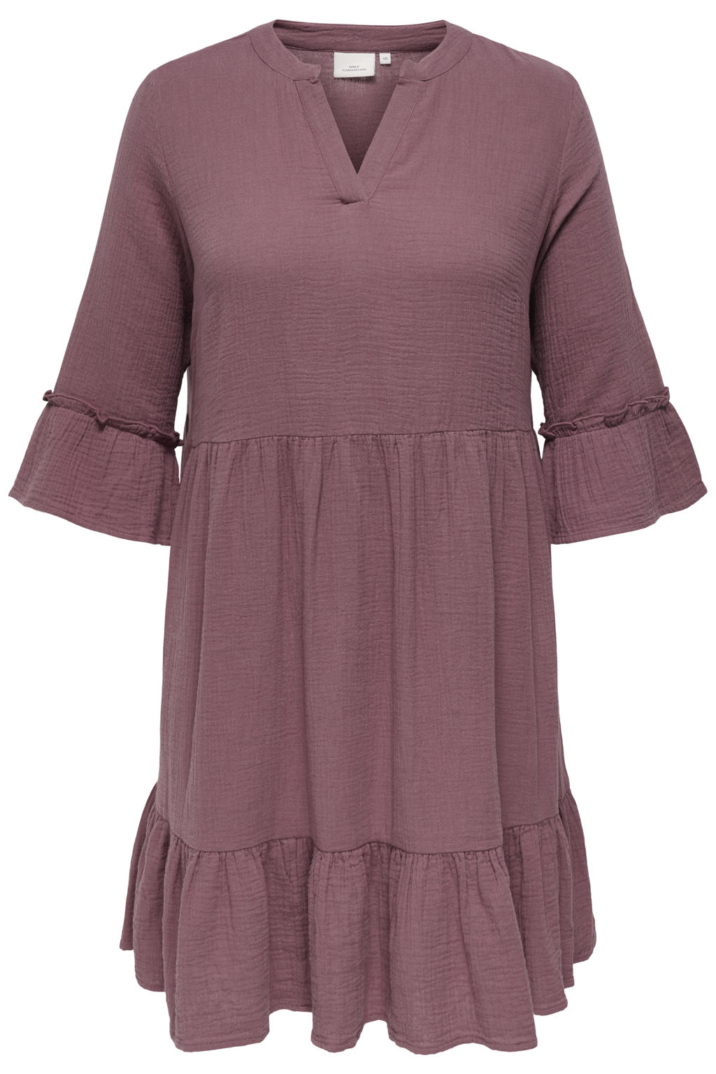 Oudroze dames ONLY CARMAKOMA mini jurk van katoen met effen, driekwart mouwen, V-hals en geweven detail