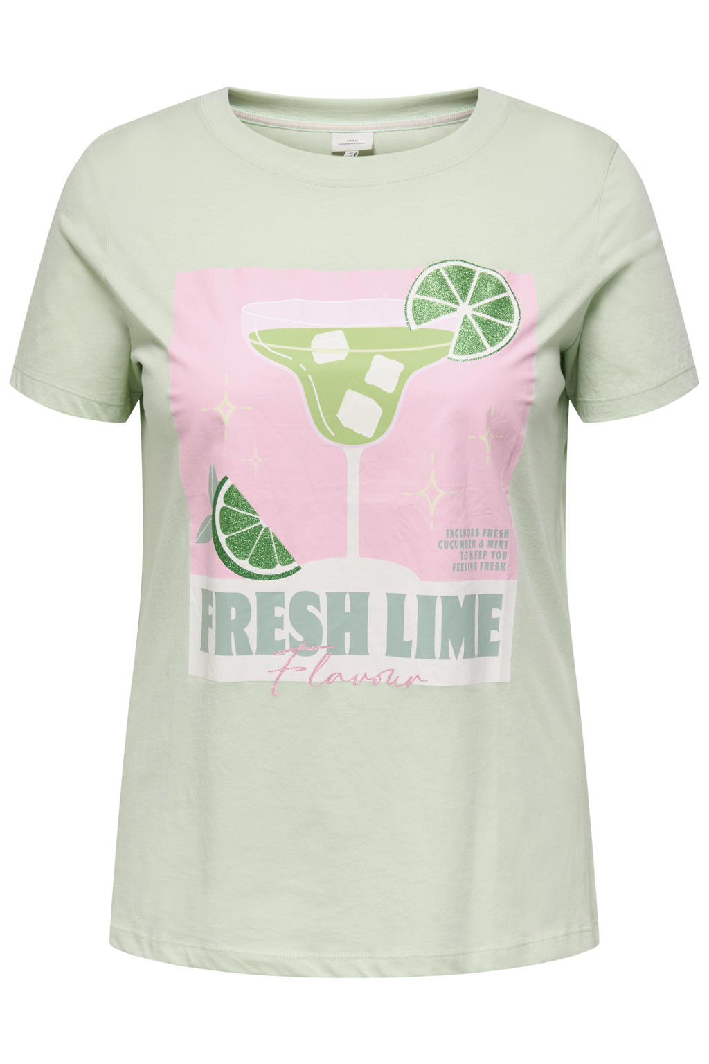 Mintgroene dames ONLY CARMAKOMA T-shirt van katoen met printopdruk, korte mouwen en ronde hals