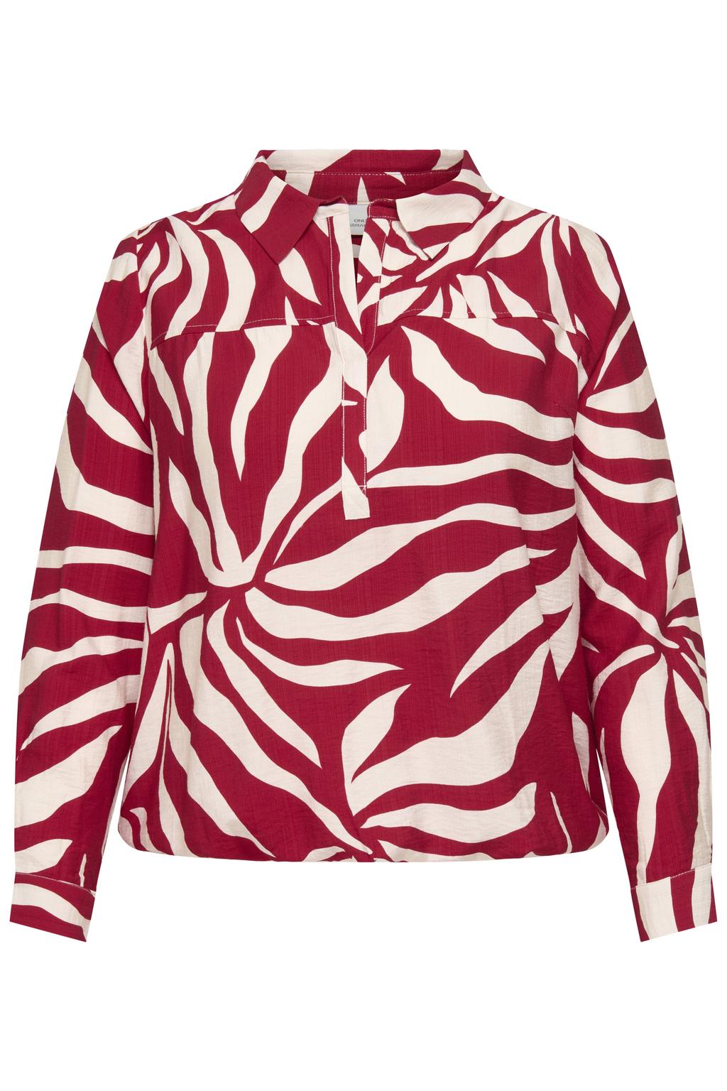 Rood en ecru dames ONLY CARMAKOMA top van viscose met lange mouwen en klassieke kraag