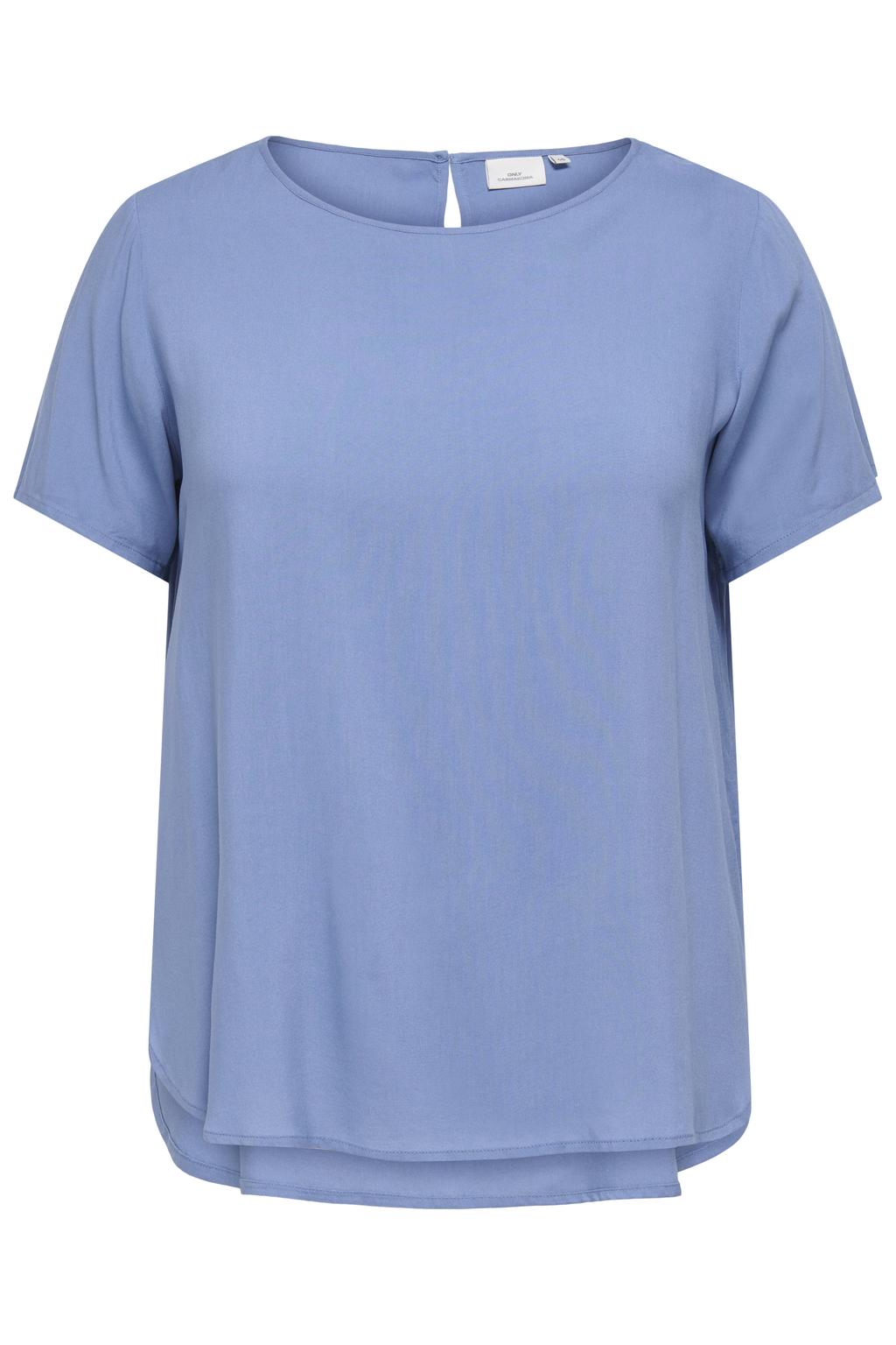 Blauwe dames ONLY CARMAKOMA T-shirt van viscose met effen, korte mouwen, ronde hals en geweven detail