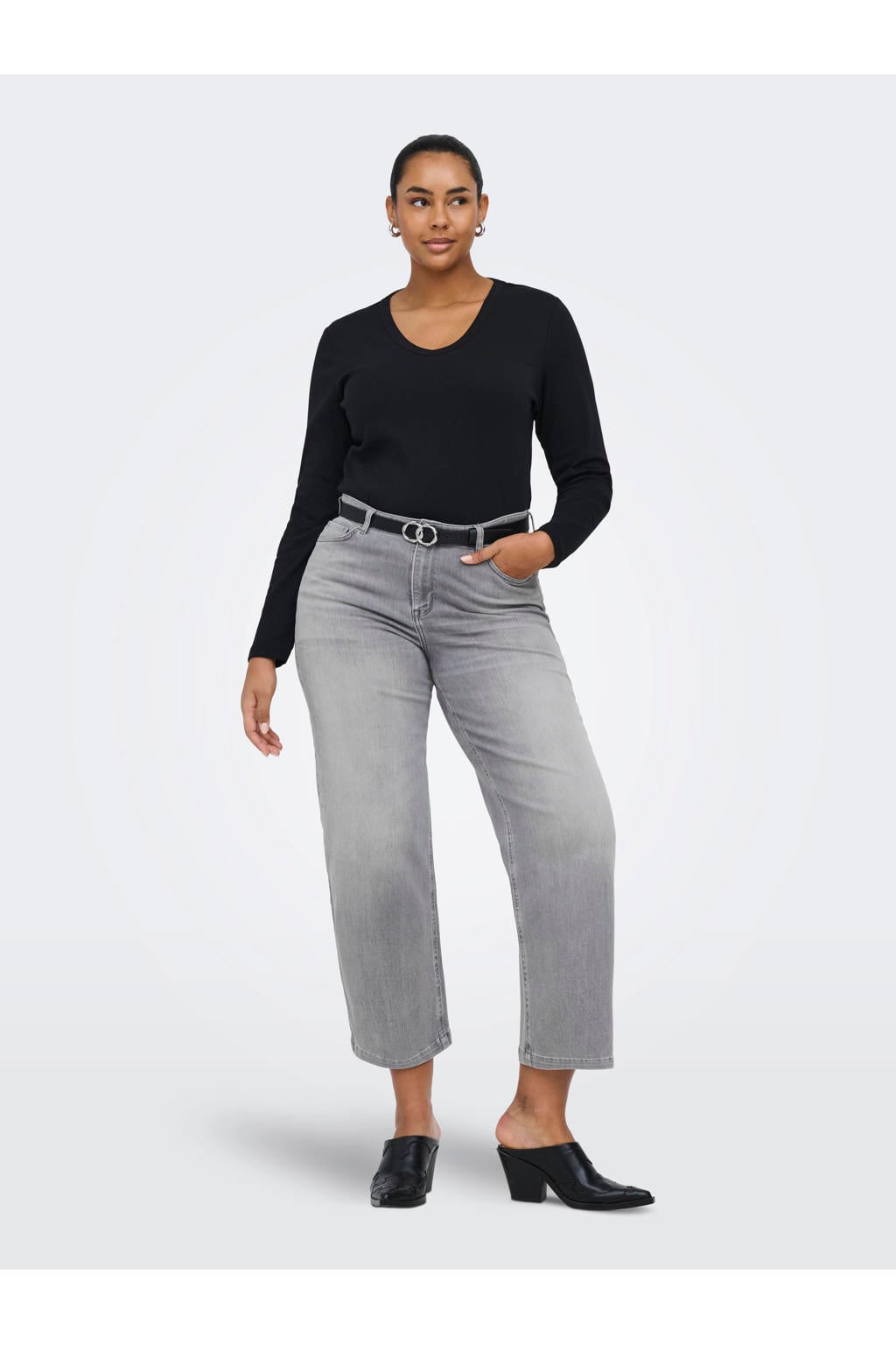Grey denim dames ONLY CARMAKOMA Carwilly Hw Crop Wide Rea0938 high waist wide leg jeans van denim met rits- en knoopsluiting en effen