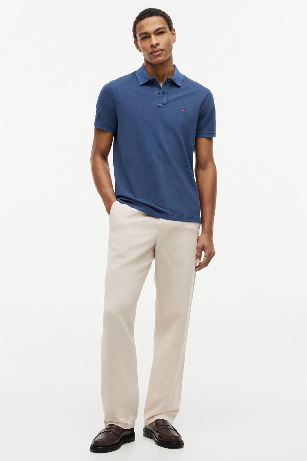 Blauwe heren Tommy Hilfiger regular polo van katoen met effen, korte mouwen en pique