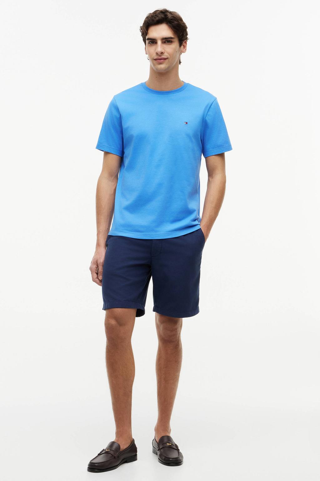 Blauwe heren Tommy Hilfiger regular T-shirt van katoen met effen, korte mouwen en ronde hals