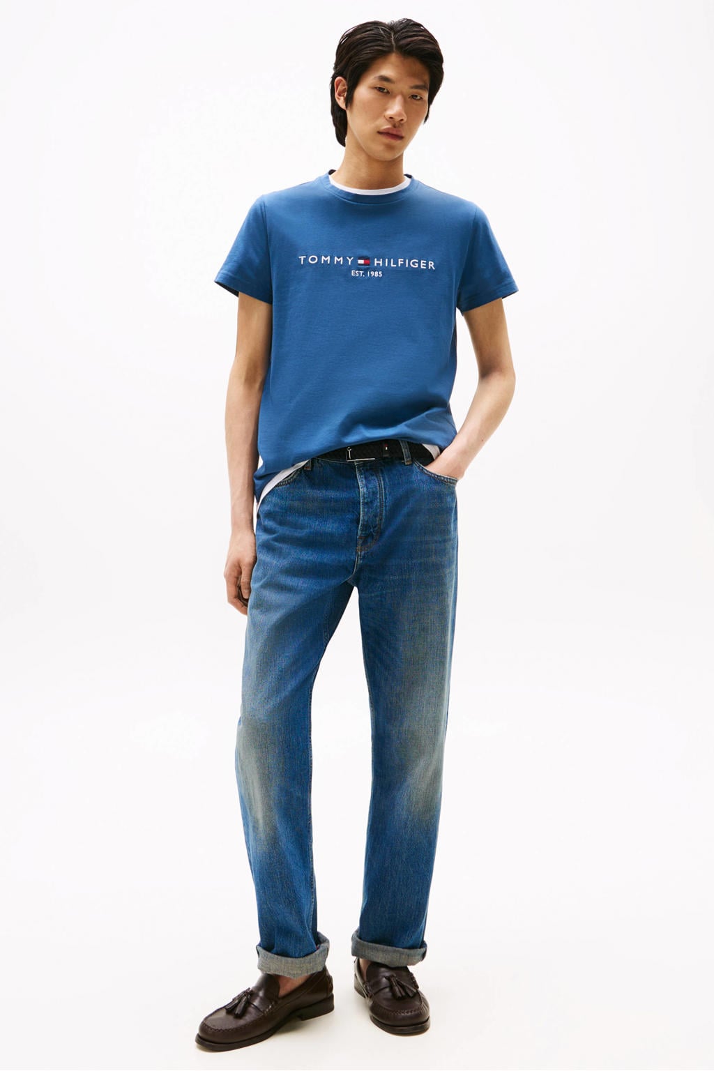 Blauwe heren Tommy Hilfiger slim T-shirt van katoen met printopdruk, korte mouwen en ronde hals