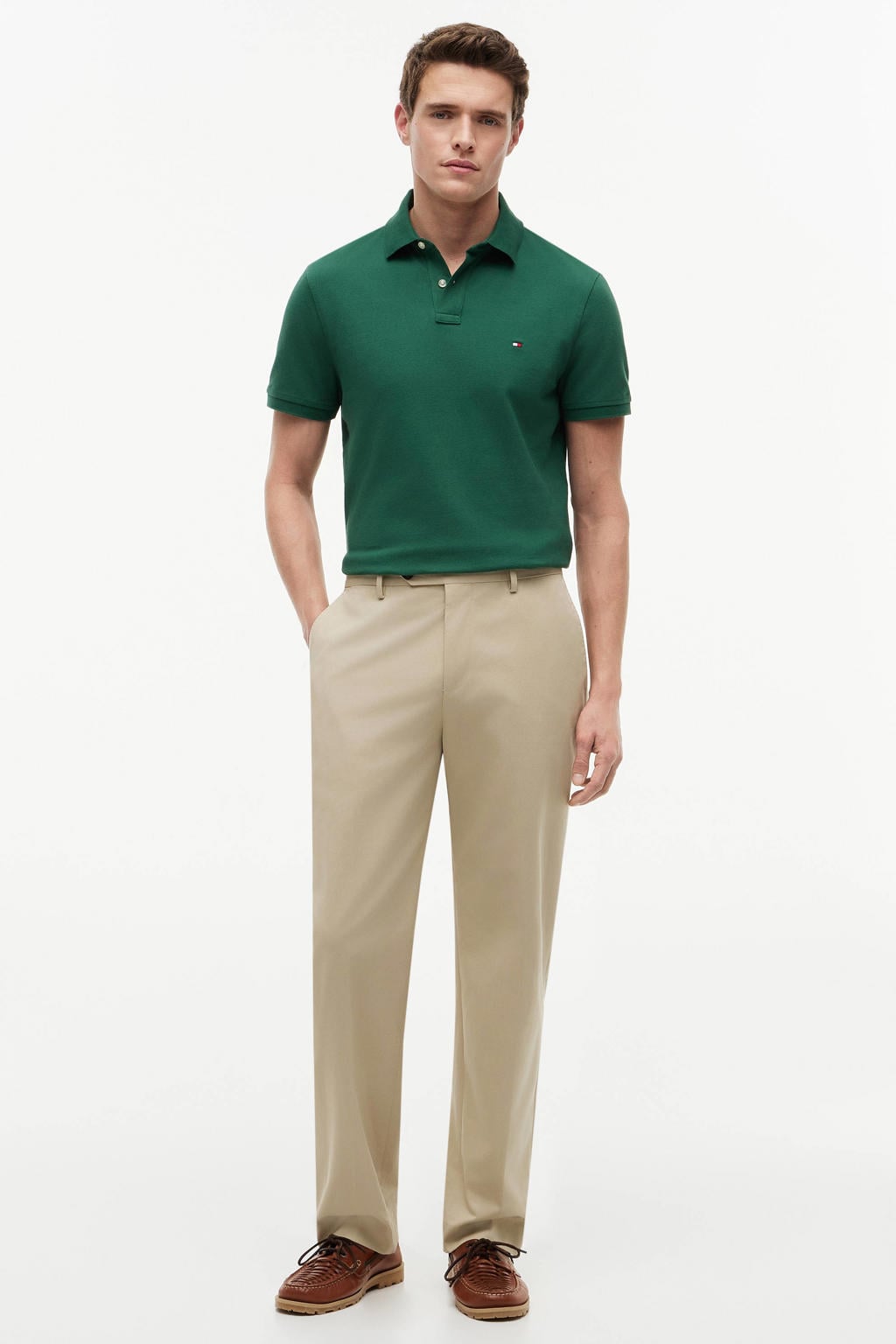 Donkergroene heren Tommy Hilfiger regular polo van katoen met effen, korte mouwen en knoopsluiting