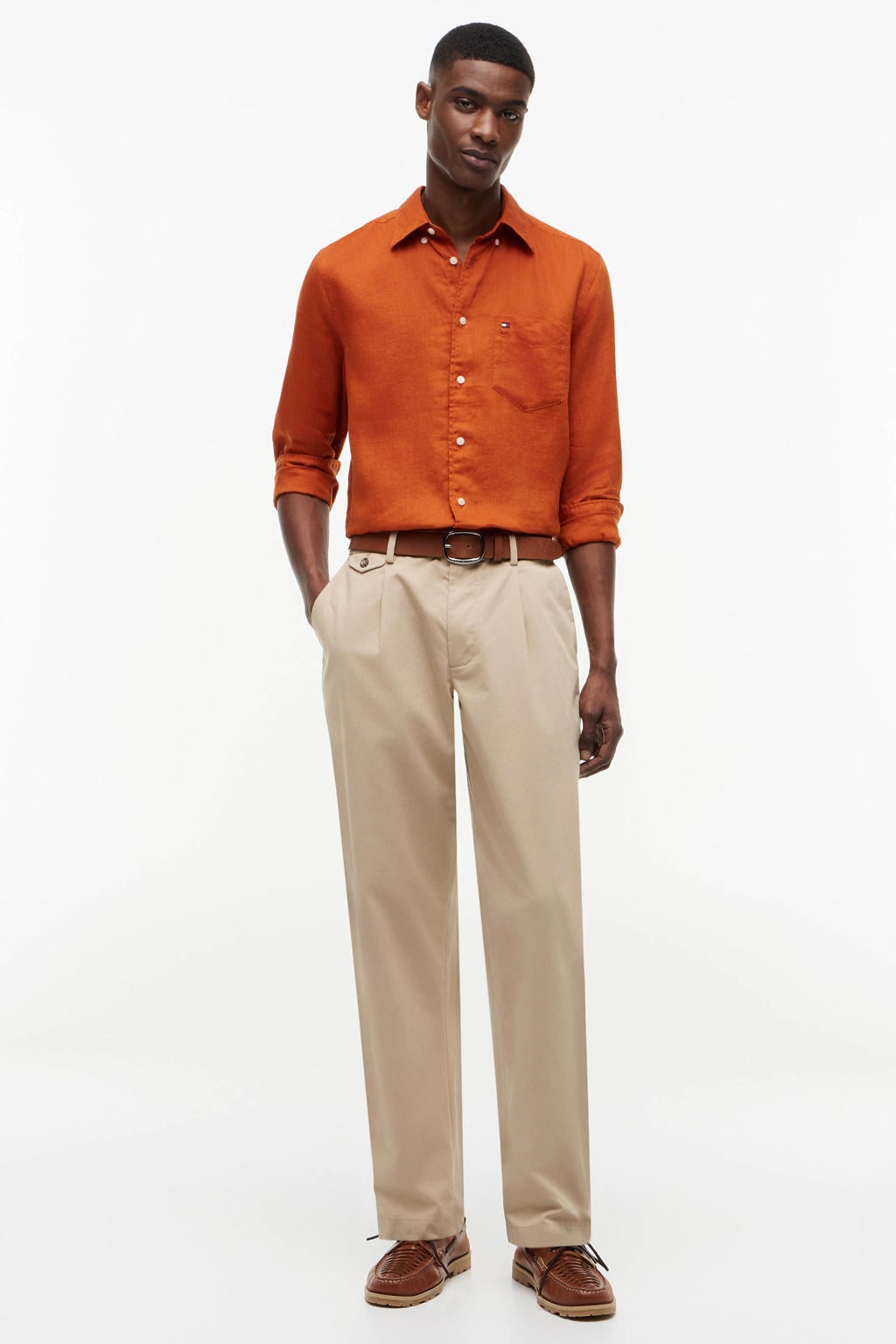 Oranje heren Tommy Hilfiger regular casual overhemd van linnen met effen, lange mouwen, button down sluiting en knoopsluiting