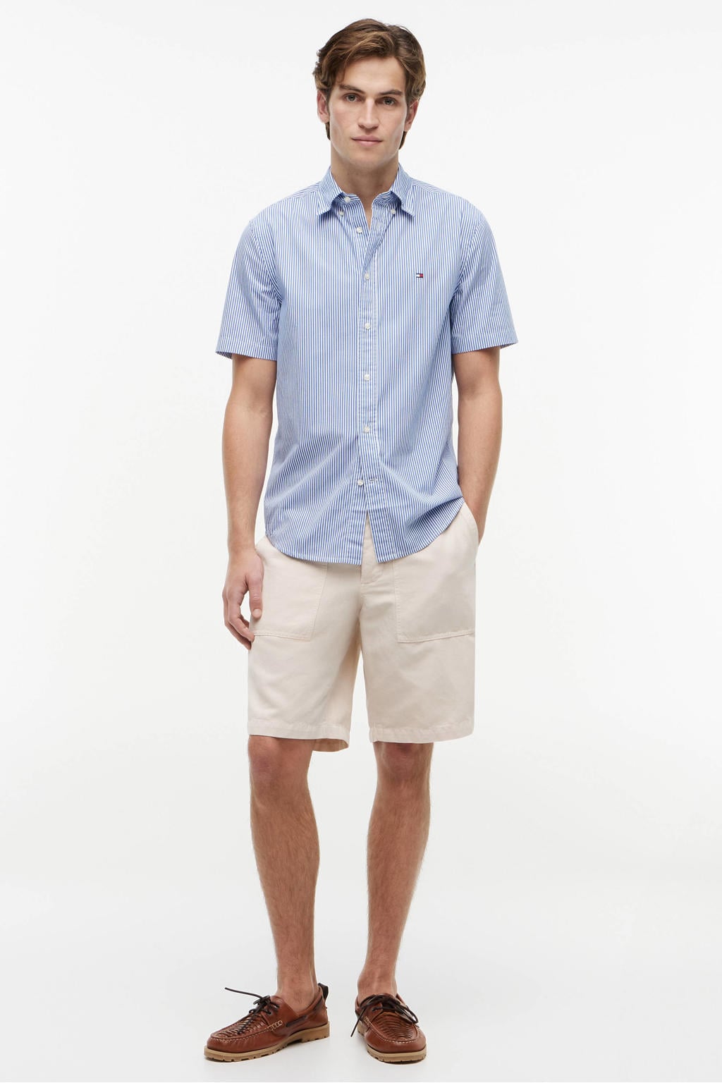 Blauwe heren Tommy Hilfiger regular gestreept casual overhemd van katoen met korte mouwen, button down sluiting en knoopsluiting
