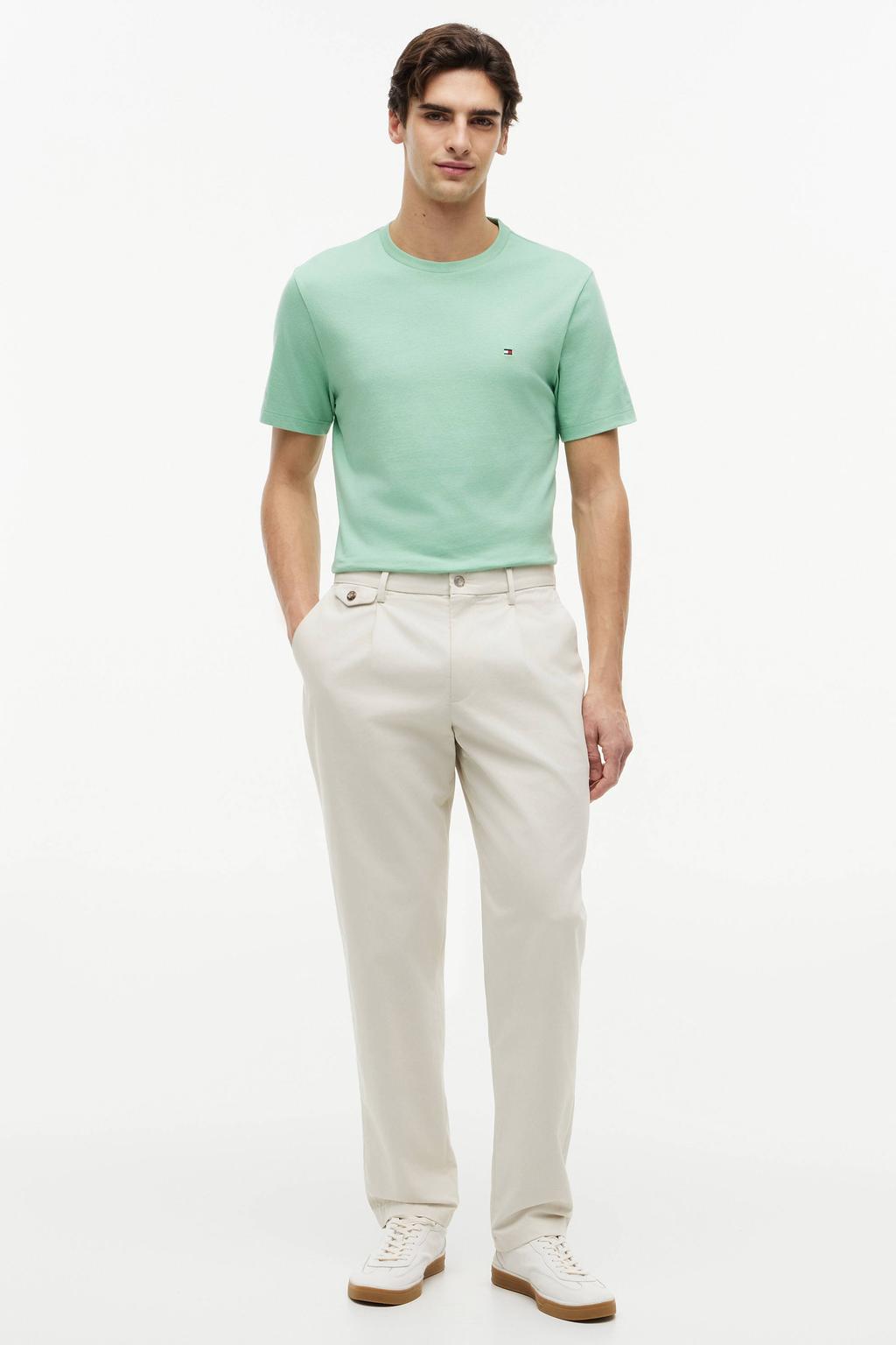 Groene heren Tommy Hilfiger regular T-shirt van katoen met effen, korte mouwen en ronde hals