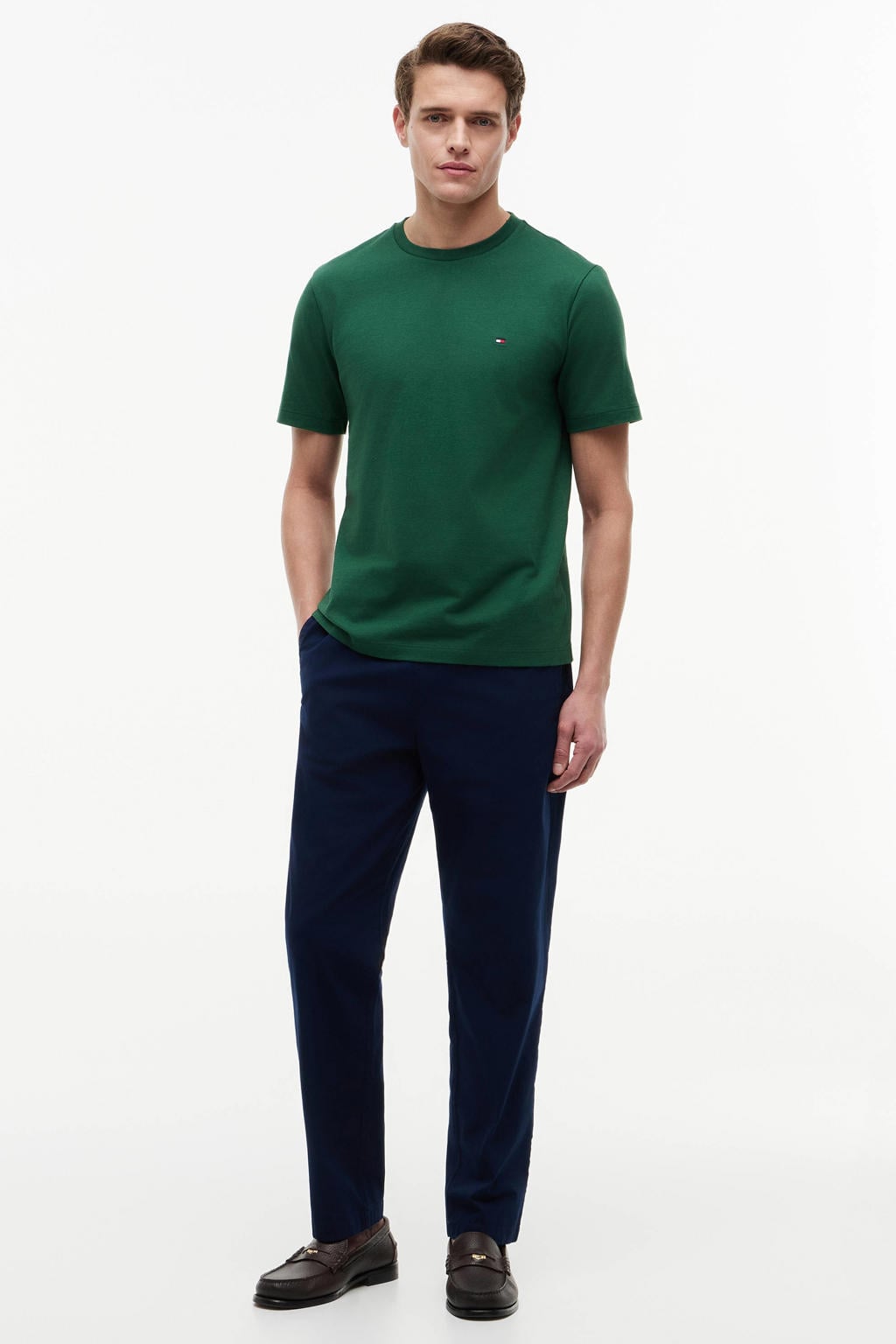 Donkergroene heren Tommy Hilfiger regular T-shirt van katoen met effen, korte mouwen en ronde hals