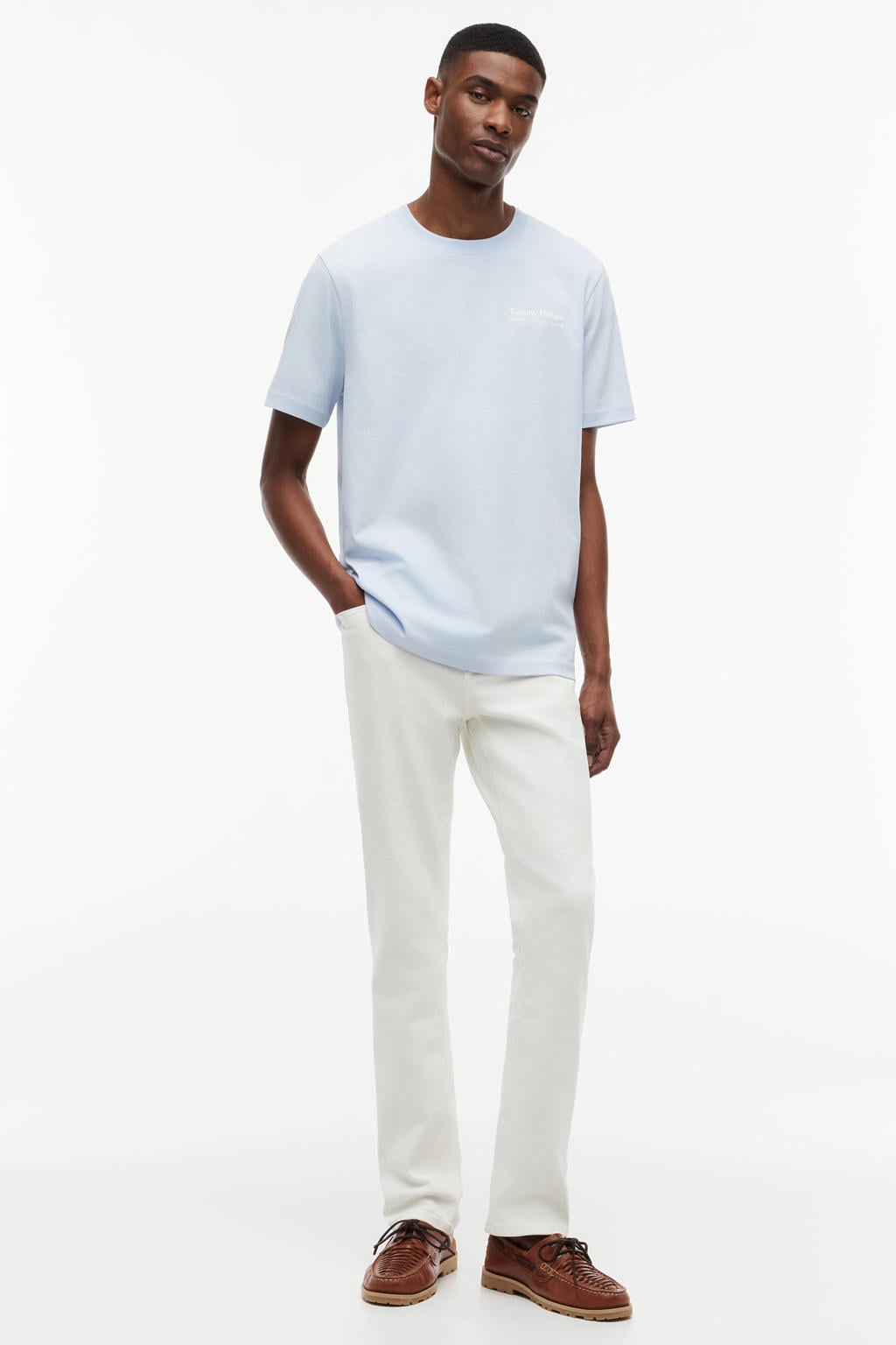 Lichtblauwe heren Tommy Hilfiger regular fit T-shirt van katoen met korte mouwen en ronde hals