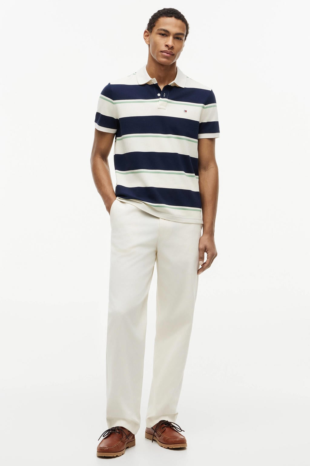 Donkerblauwe heren Tommy Hilfiger regular gestreepte polo van katoen met korte mouwen, knoopsluiting en pique