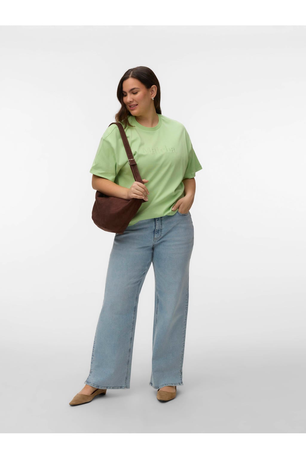 Groene dames VERO MODA CURVE T-shirt van katoen met effen, korte mouwen en ronde hals