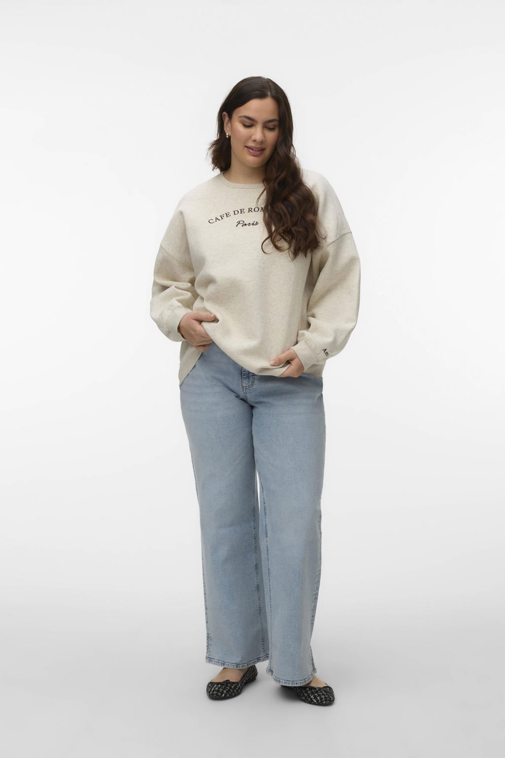 Beige dames VERO MODA CURVE sweater met tekst print, lange mouwen en ronde hals