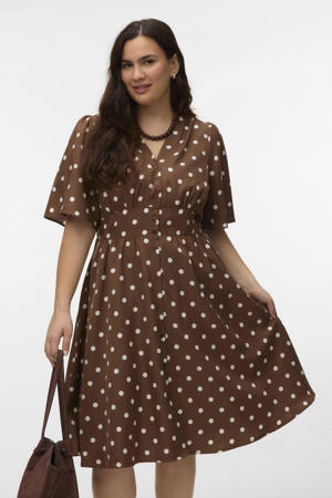 midi jurk met stippen bruin