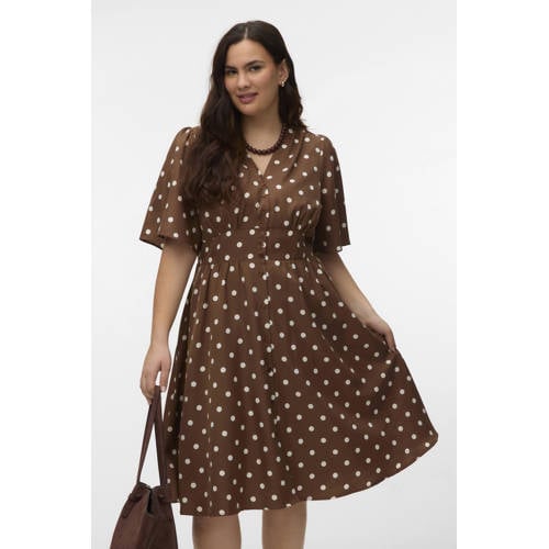 VERO MODA CURVE midi jurk met stippen bruin afbeelding