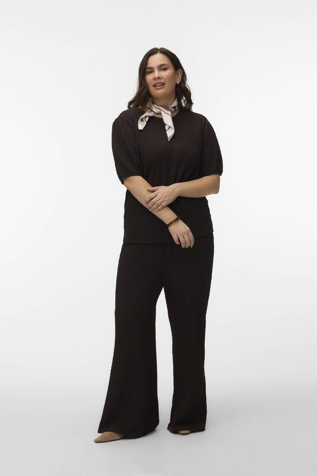 Donkerblauwe dames VERO MODA CURVE flared high waist casual broek van polyester met elastische tailleband en effen