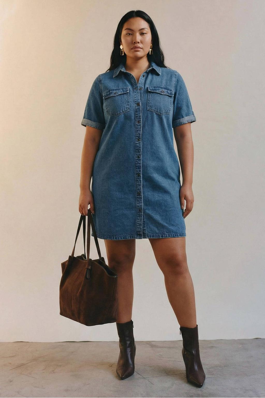 Medium blue denim dames VERO MODA CURVE spijkerjurk van denim met effen, korte mouwen en klassieke kraag