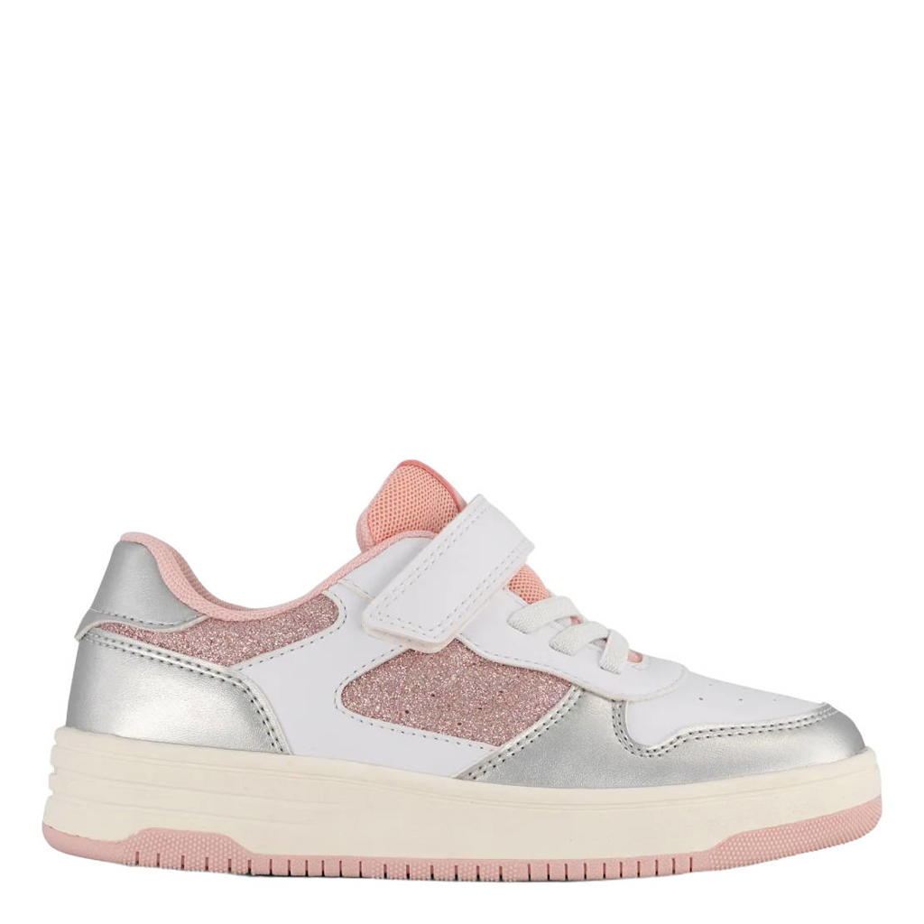 Zilver en lichtroze meisjes Graceland leren sneakers van imitatieleer met elastische veter- met klittenbandsluiting
