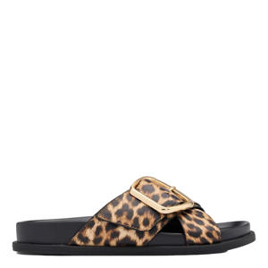 leren slippers met panterprint cognac/zwart
