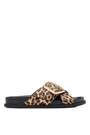 leren slippers met panterprint cognac/zwart