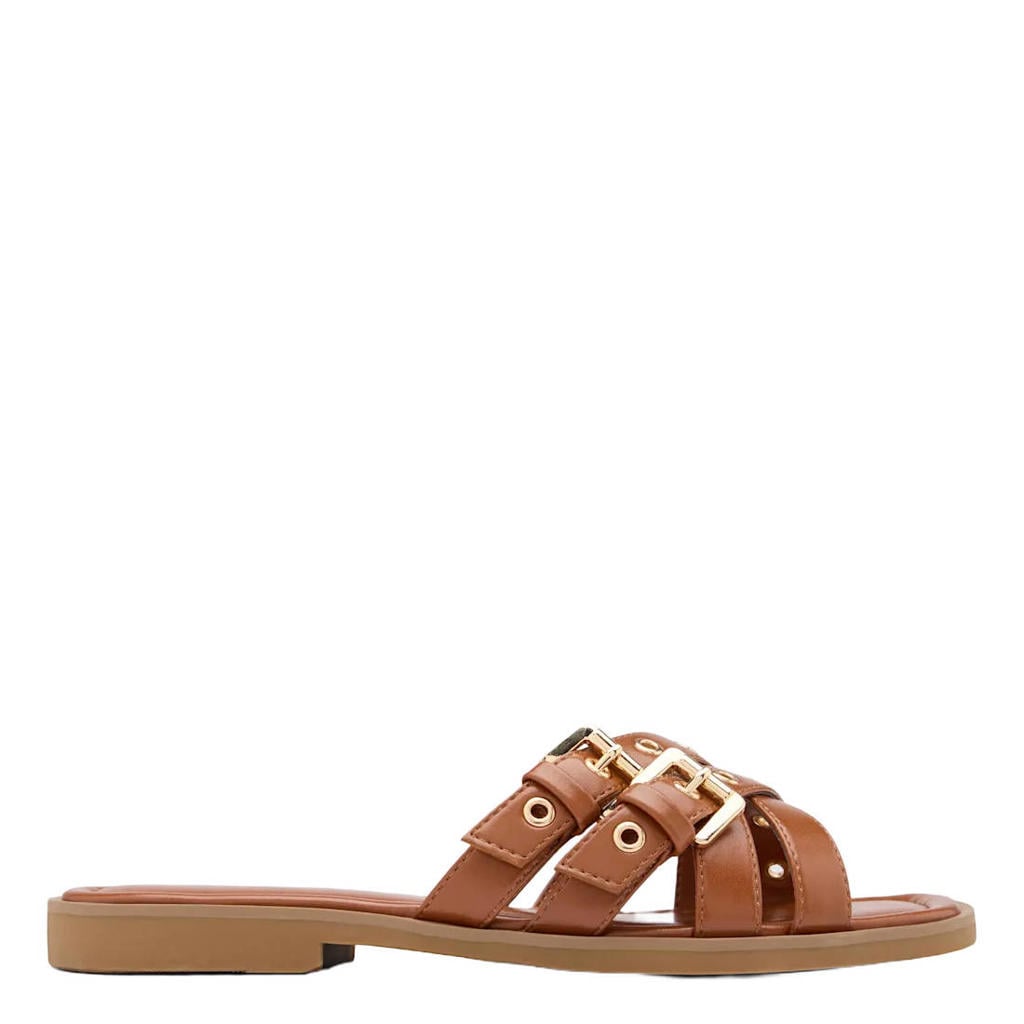 Cognackleurige dames Graceland leren slippers van imitatieleer met gesp
