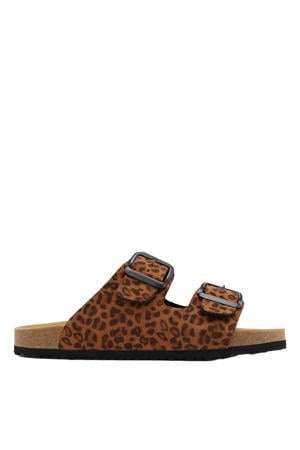 slippers met panterprint bruin