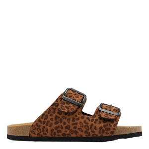 slippers met panterprint bruin