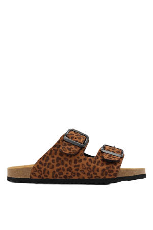 slippers met panterprint bruin